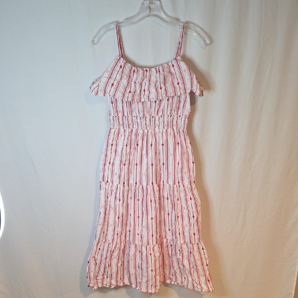 LOFT Pink and White Ruffle Midi Dress